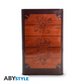 One Piece metal money box by ABYstyle featuring a treasure chest design with engraved Jolly Roger symbols of different pirate crews.