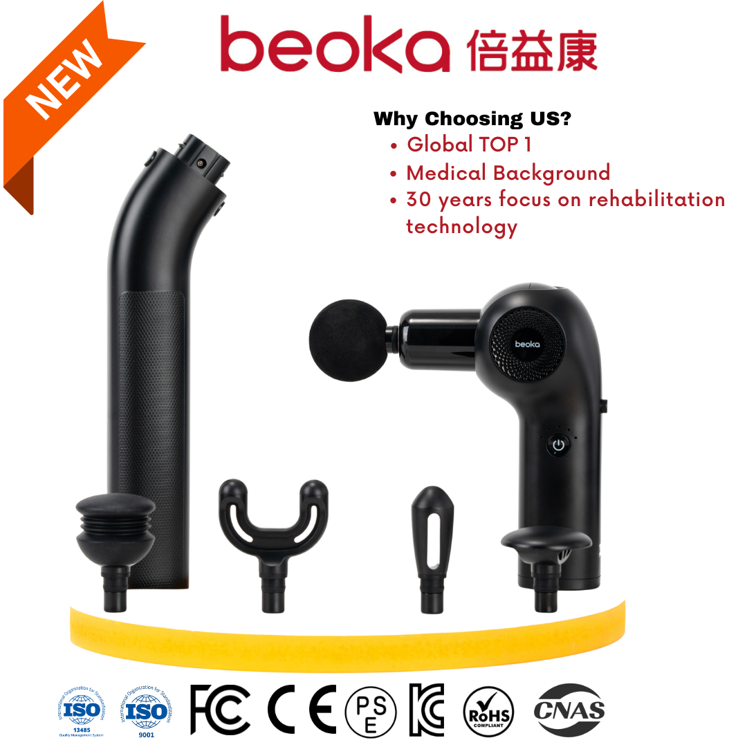 Beoka D3 Massage Gun showing the extended handle design for easy back reach