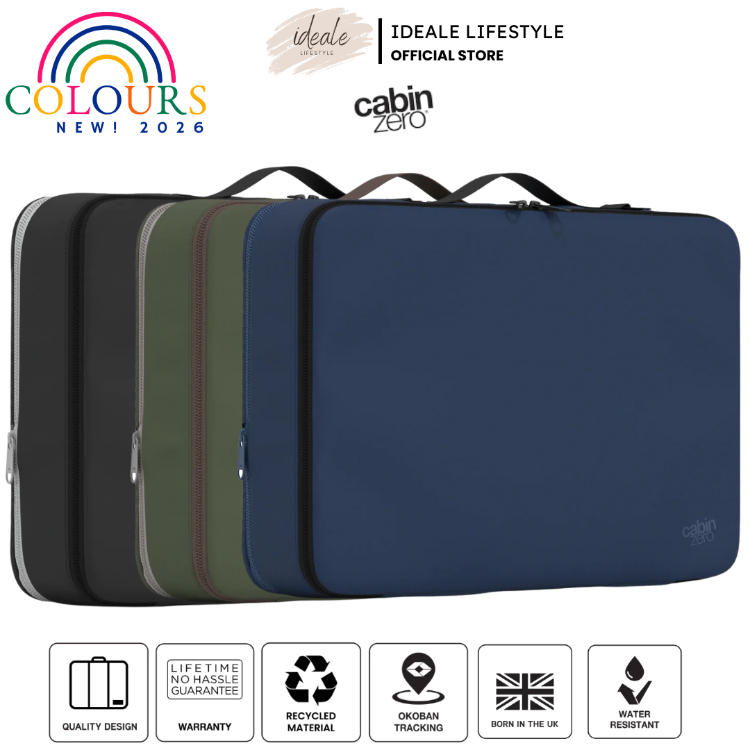 CabinZero LUX Large Compression Packing Cube in expanded 17L and compressed 12.5L states.