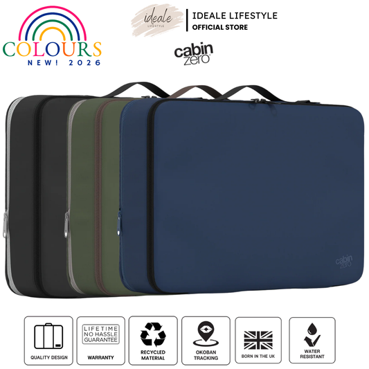 CabinZero LUX Large Compression Packing Cube in expanded 17L and compressed 12.5L states.