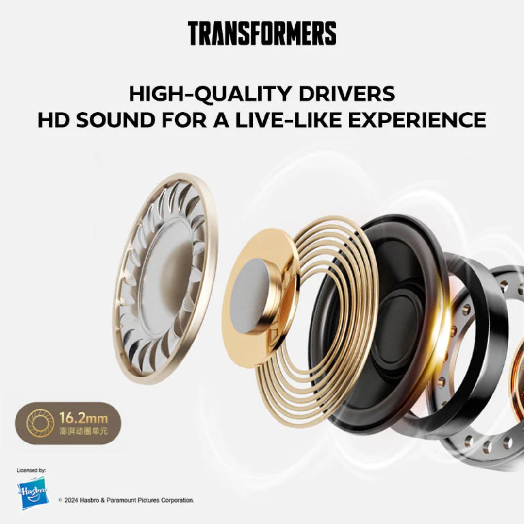 Close-up of the Transformers TF-T15 logo and directional audio driver