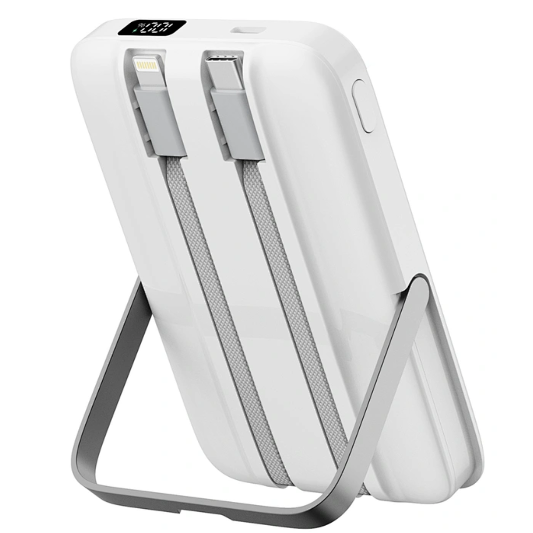 Close-up of the WiWU Pioneer showcasing the neat storage of the integrated USB-C and Lightning cables.