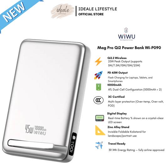 Close-up of the WiWU digital display showing 100% battery and the integrated kickstand in use.