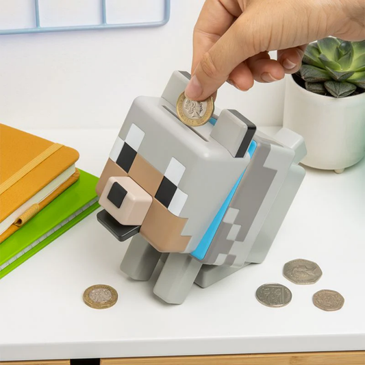 Close-up of the coin slot on the head of the Minecraft Wolf piggy bank.