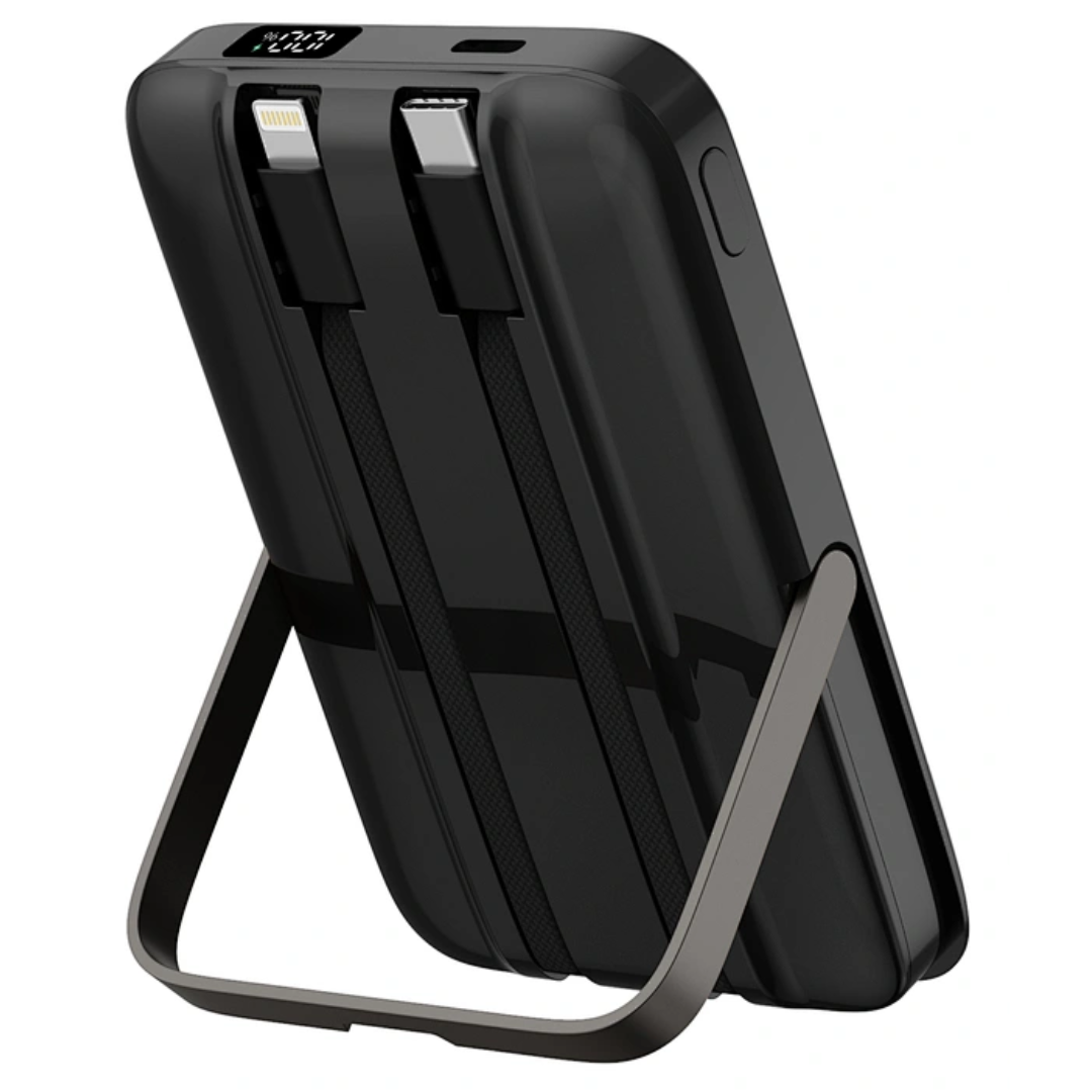 Close-up of the WiWU Pioneer showcasing the neat storage of the integrated USB-C and Lightning cables.