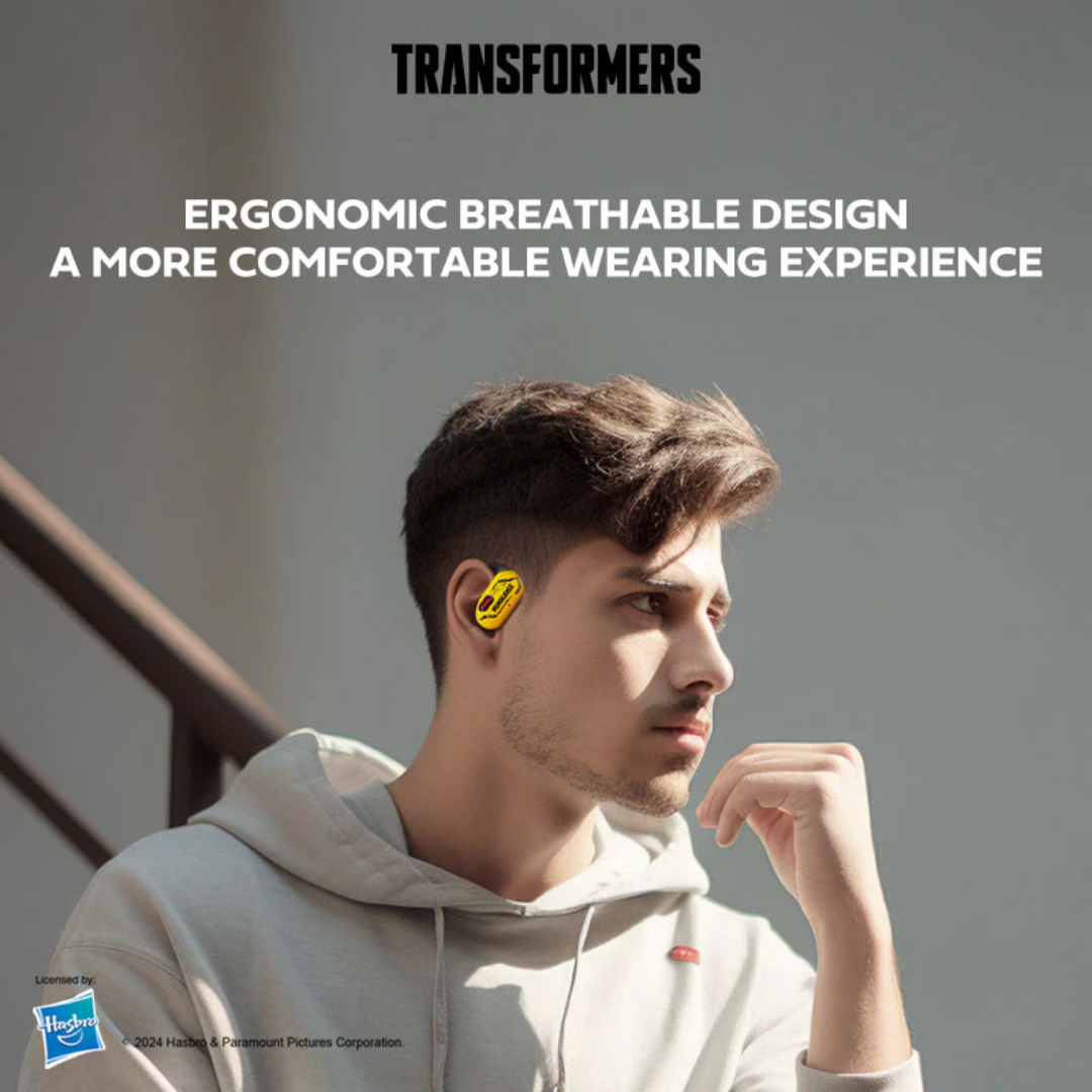 Person wearing yellow earbuds with text about ergonomic breathable design on a gray background