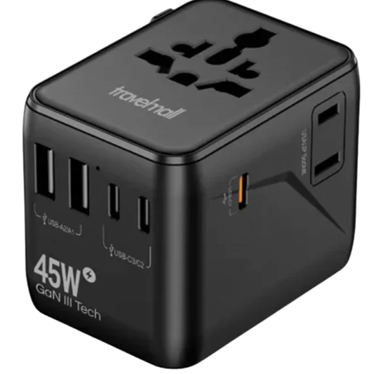 Compact 5-USB international power adaptor with 3 USB-C and 2 USB-A ports.