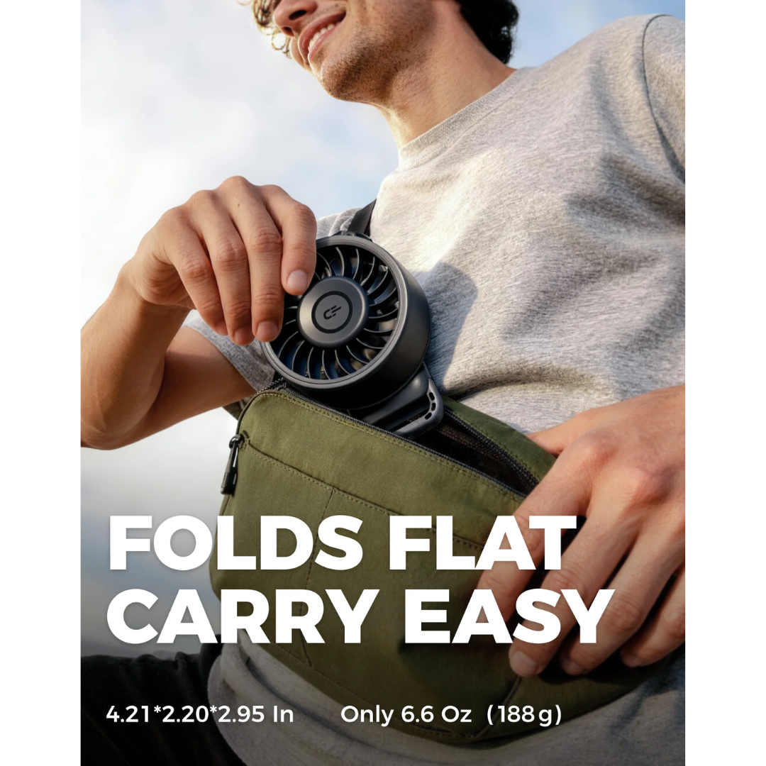 Compact mini fan showing detailed design, foldable hinge and display screen