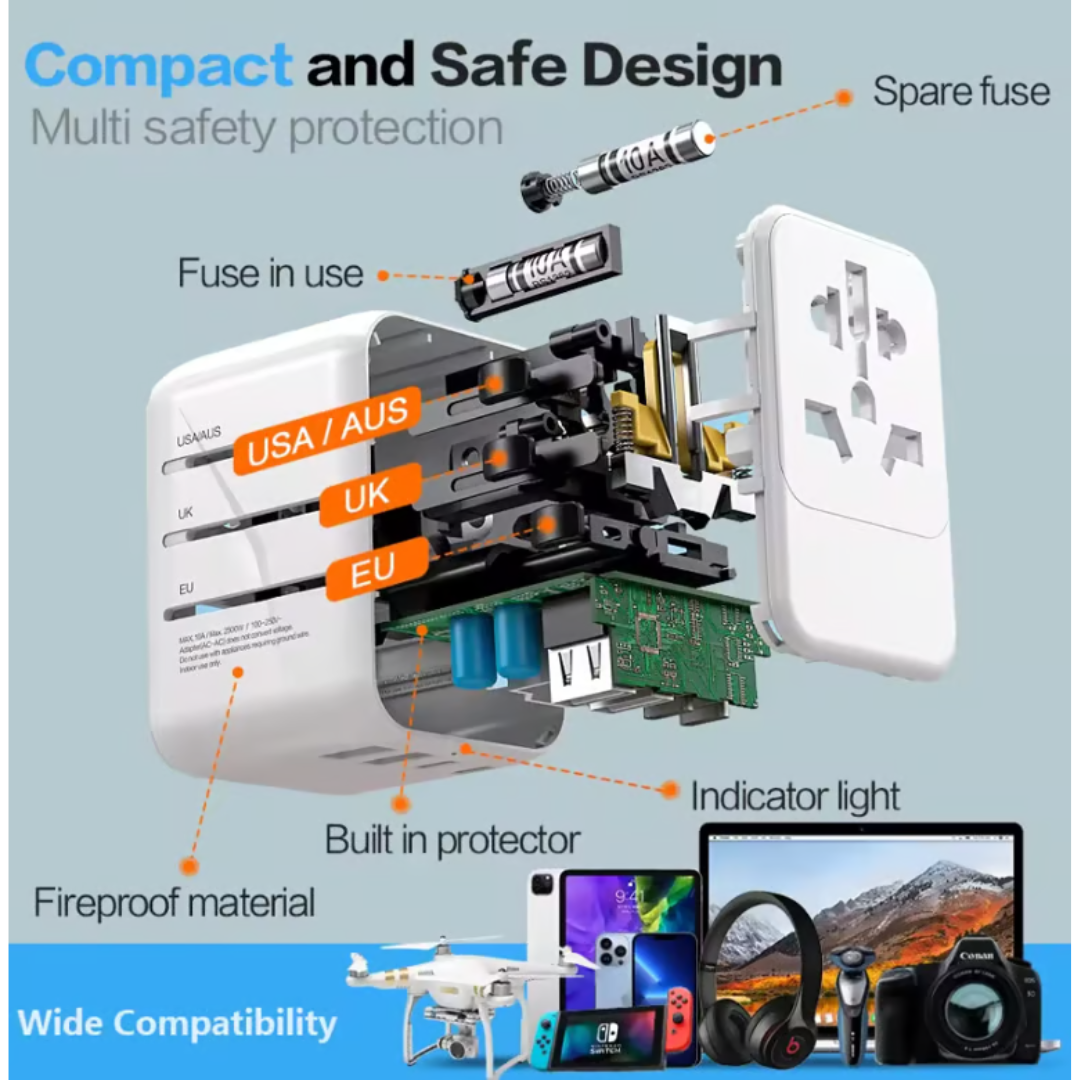 Compact white world adapter with 35W Power Delivery for international travel