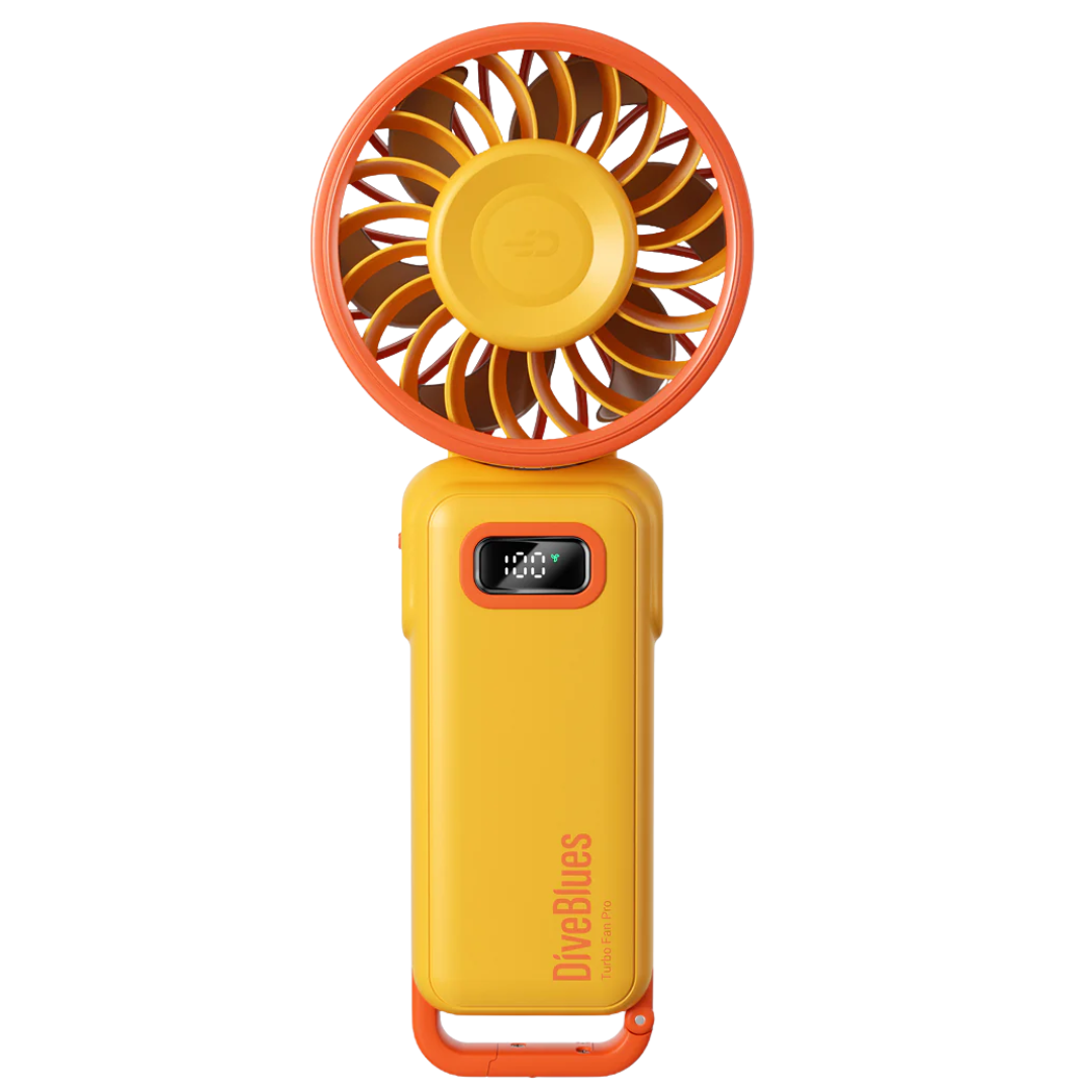 Diveblues 100-speed turbo cooling fan in a 180-degree fold-flat position Orange