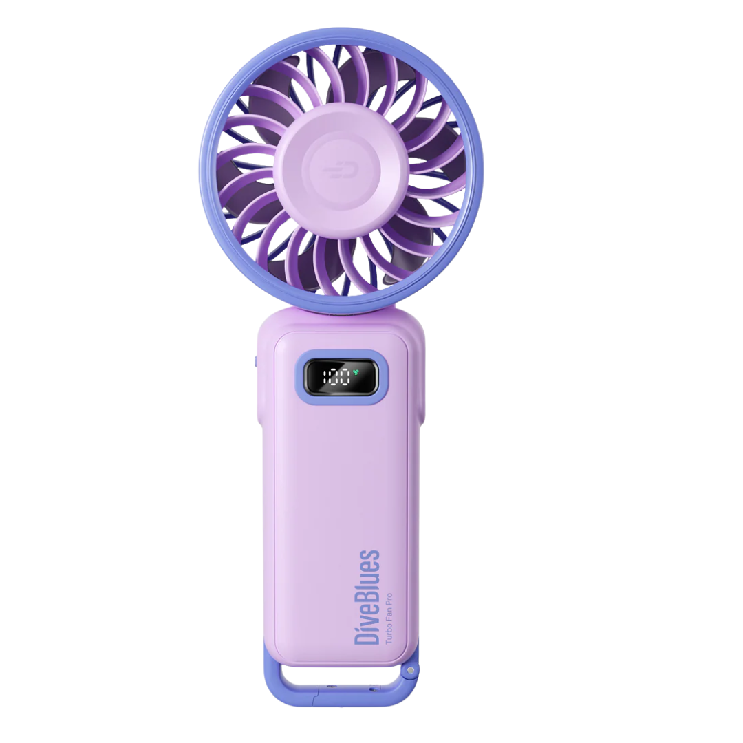 Diveblues 100-speed turbo cooling fan in a 180-degree fold-flat position Purple