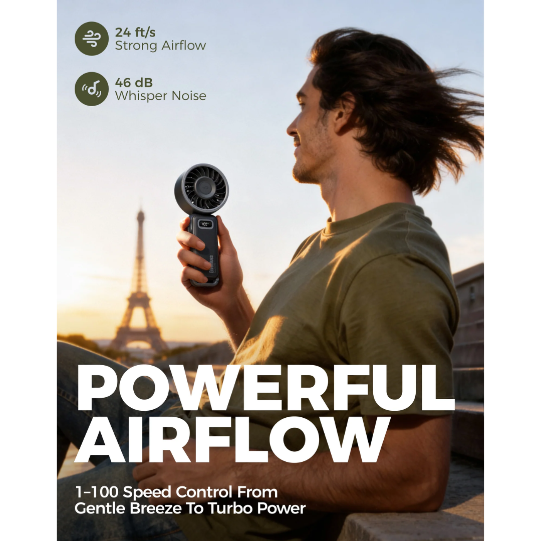 Diveblues portable fan with 1 to 100 adjustable speed levels for customizable airflow cooling
