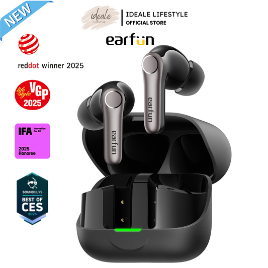 EarFun Air Pro 4+ earbuds showing the dual-driver hybrid internal design-Black