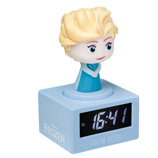 Elsa figurine alarm clock featuring tap-to-snooze and night light.