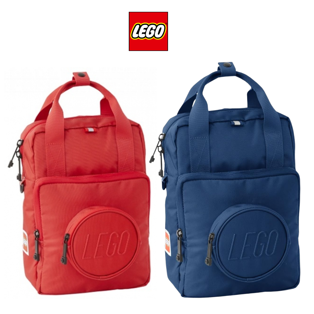 Feature Image (Back): View of the back panel of the LEGO backpack showing the padded back and adjustable shoulder straps with the sternum strap.