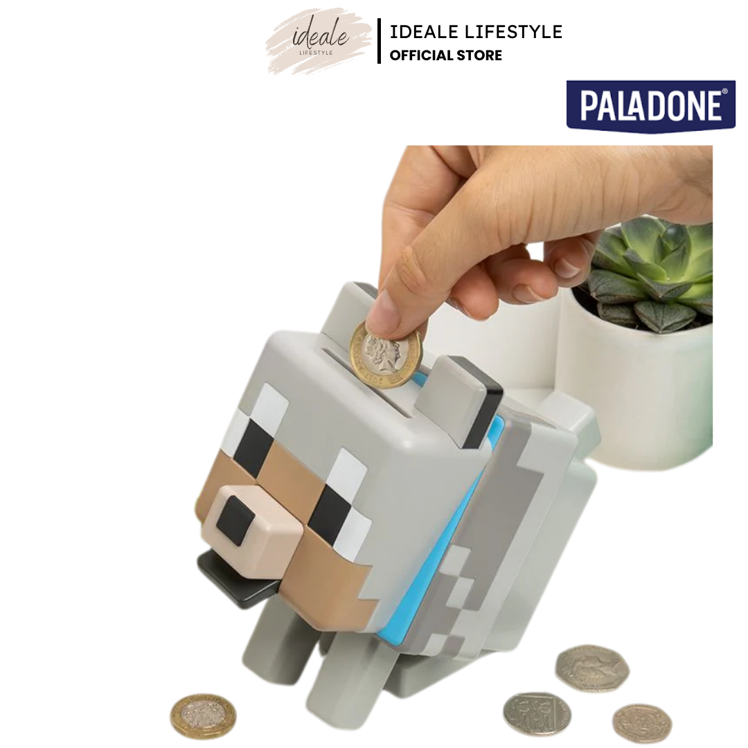 Front view of the 3D Paladone Minecraft Wolf Money Box in its sitting position.