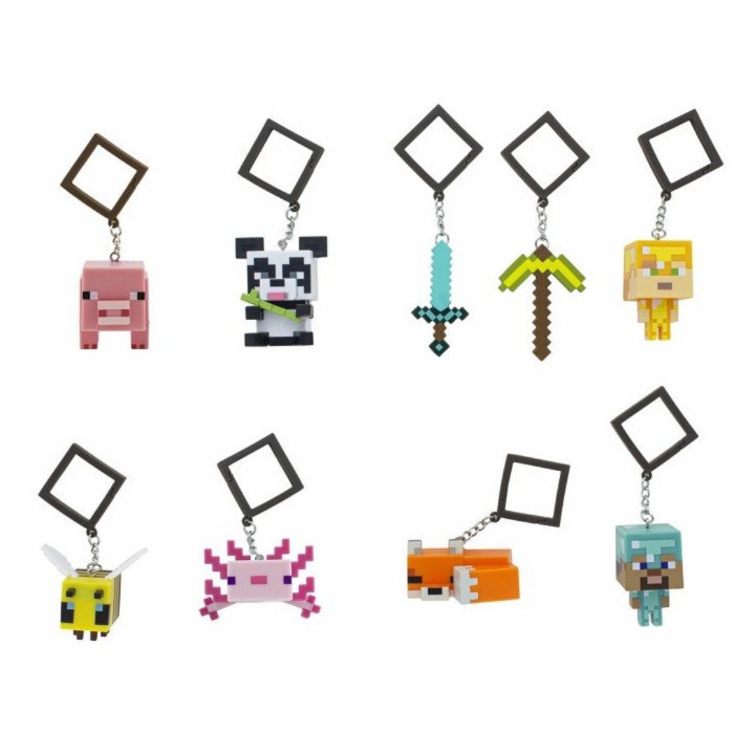 Full set of 9 Minecraft Backpack Buddies including the Pink Axolotl and tools.