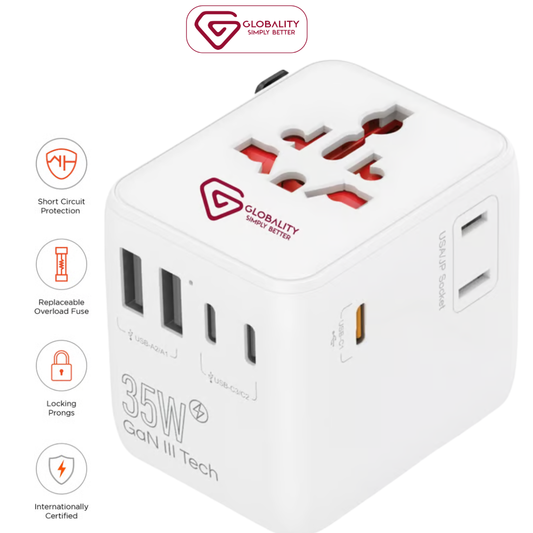 Globality Micro Plus PD USB 35W Travel Adapter | Universal World Plug for 220+ Countries | Fast Charging USB-C PD & 4x USB Ports | Compact & Safe K398656 - Buy Now!