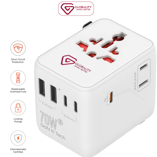 Globality 70W GaN III Super Fast Charge Travel Adapter | Universal World Plug for 220+ Countries | USB-C PD 70W Laptop Charger & 5 USB Ports | Ultra Compact K398657 - Buy Now!