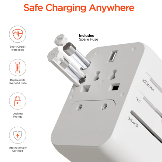 Globality Micro Plus 2 AC adapter plugged into a foreign wall socket with a 2-pole device