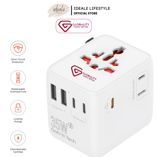Globality Micro Plus 35W PD USB travel adapter showing multiple USB-C and USB-A ports