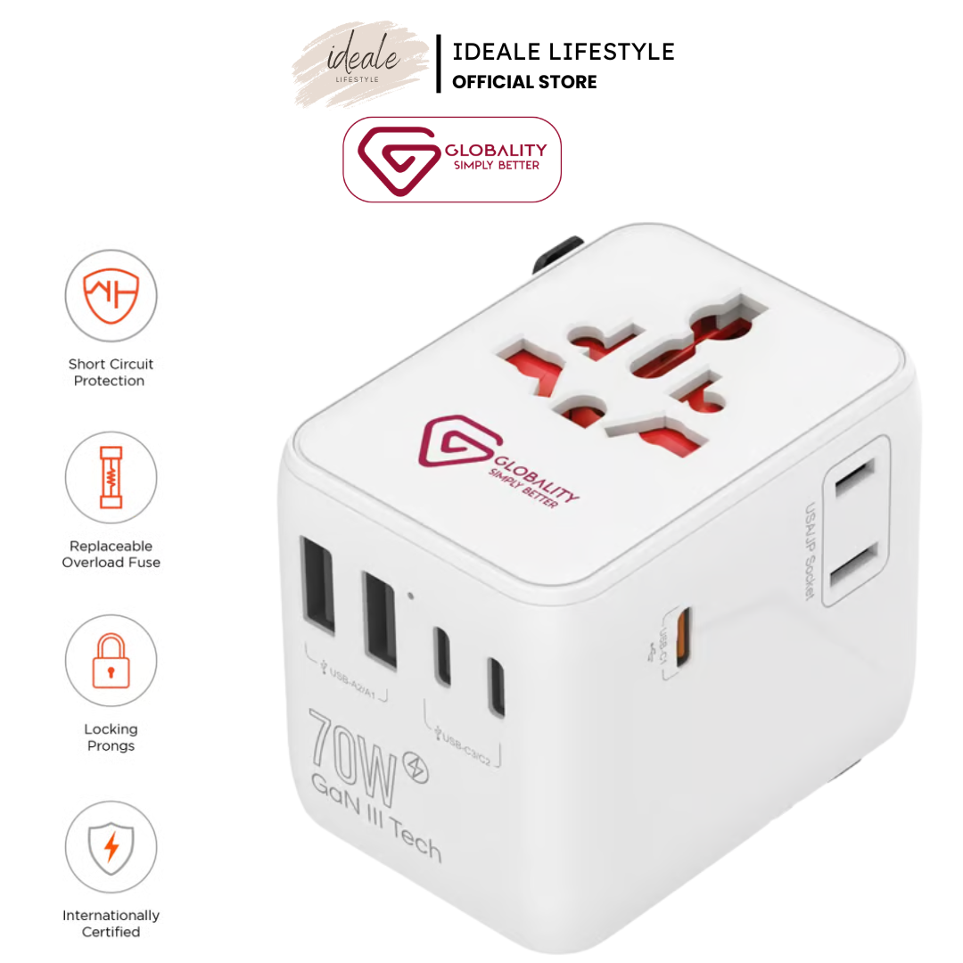 Globality Micro Plus 70W GaN III travel adapter charging a laptop via USB-C