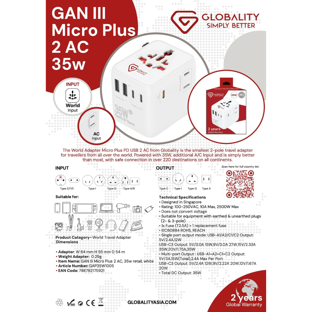 Globality Micro Plus PD USB 35W universal travel adapter