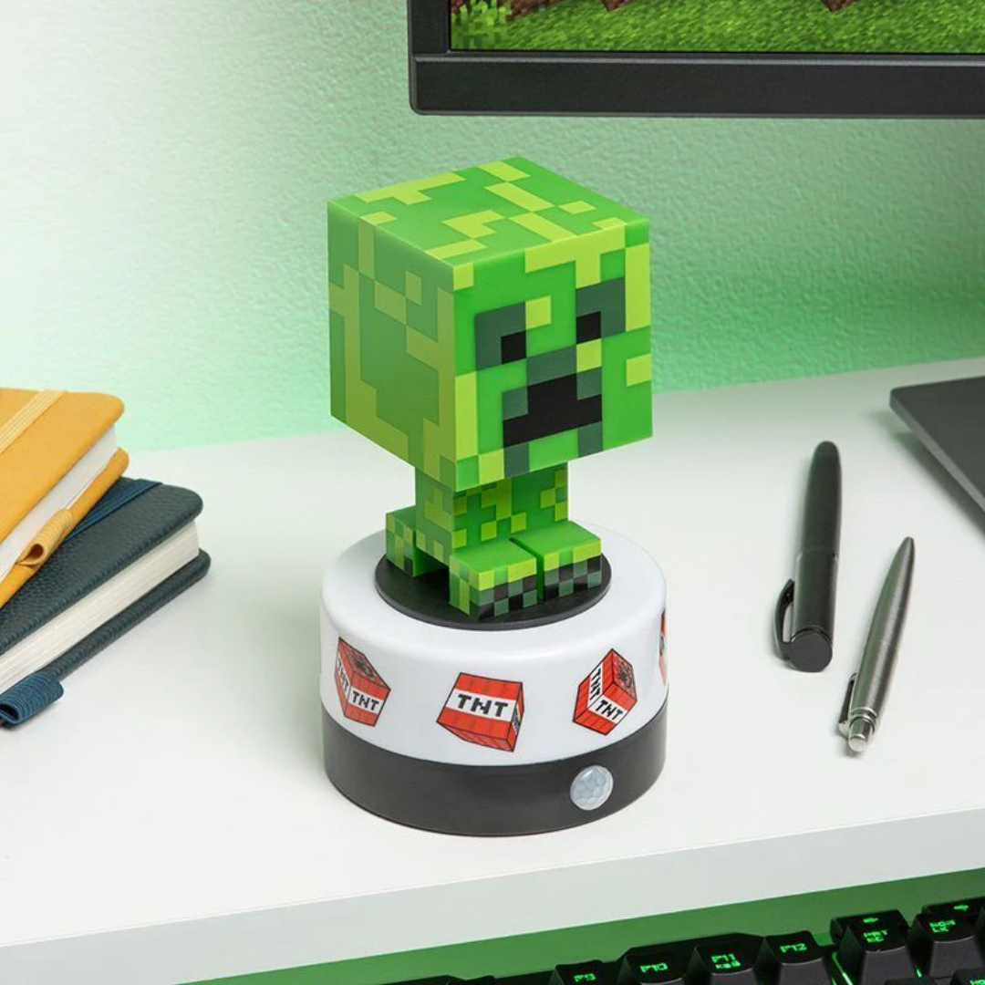 Minecraft Creeper motion-activated light pulsing red to detect movement.