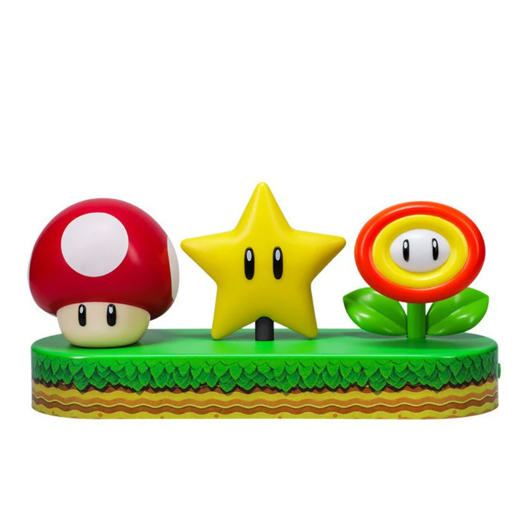 Music reactive Super Mario 3D icons light on a gaming desk setup.