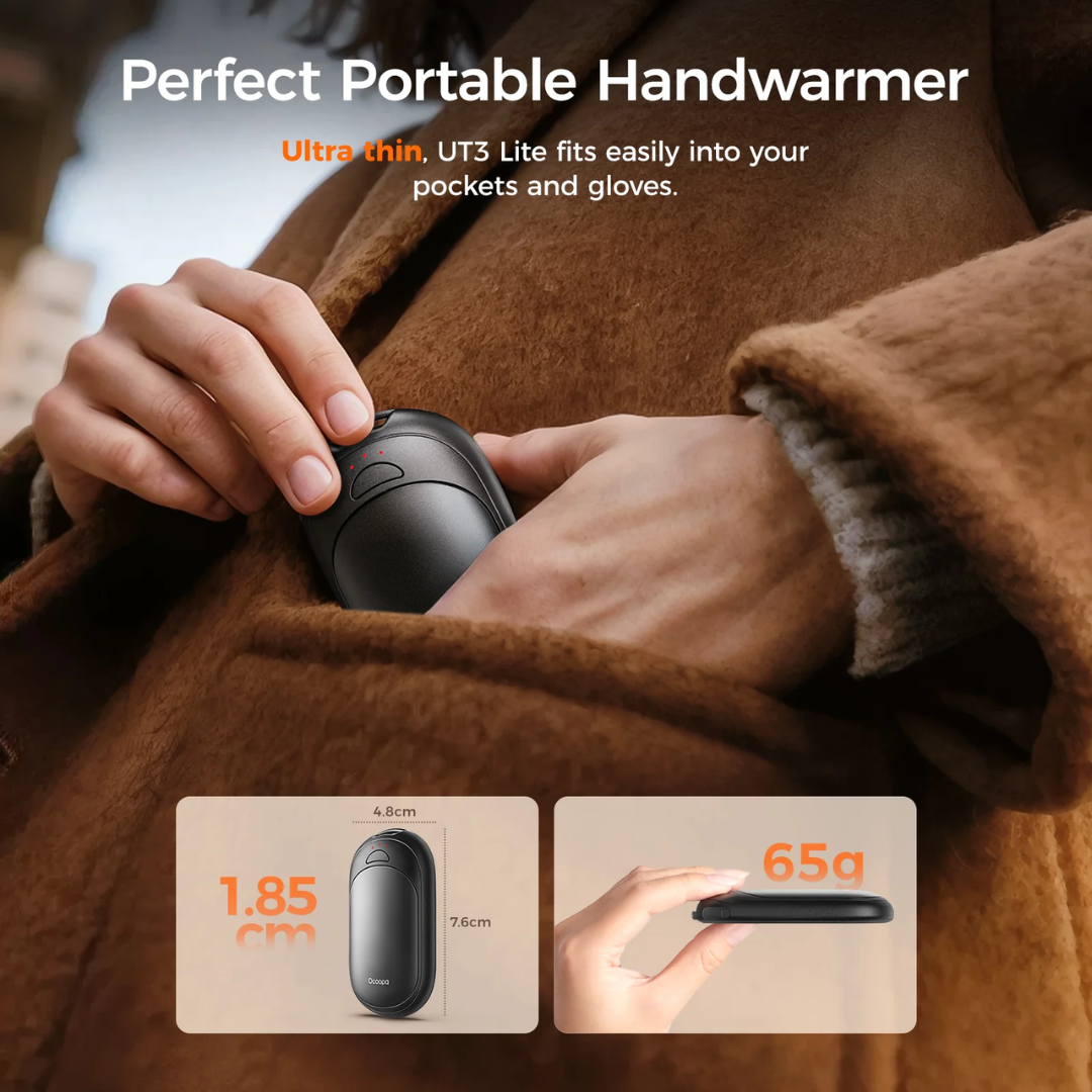 Ocoopa UT3 Lite Rechargeable Hand Warmer showing magnetic snap-together design
