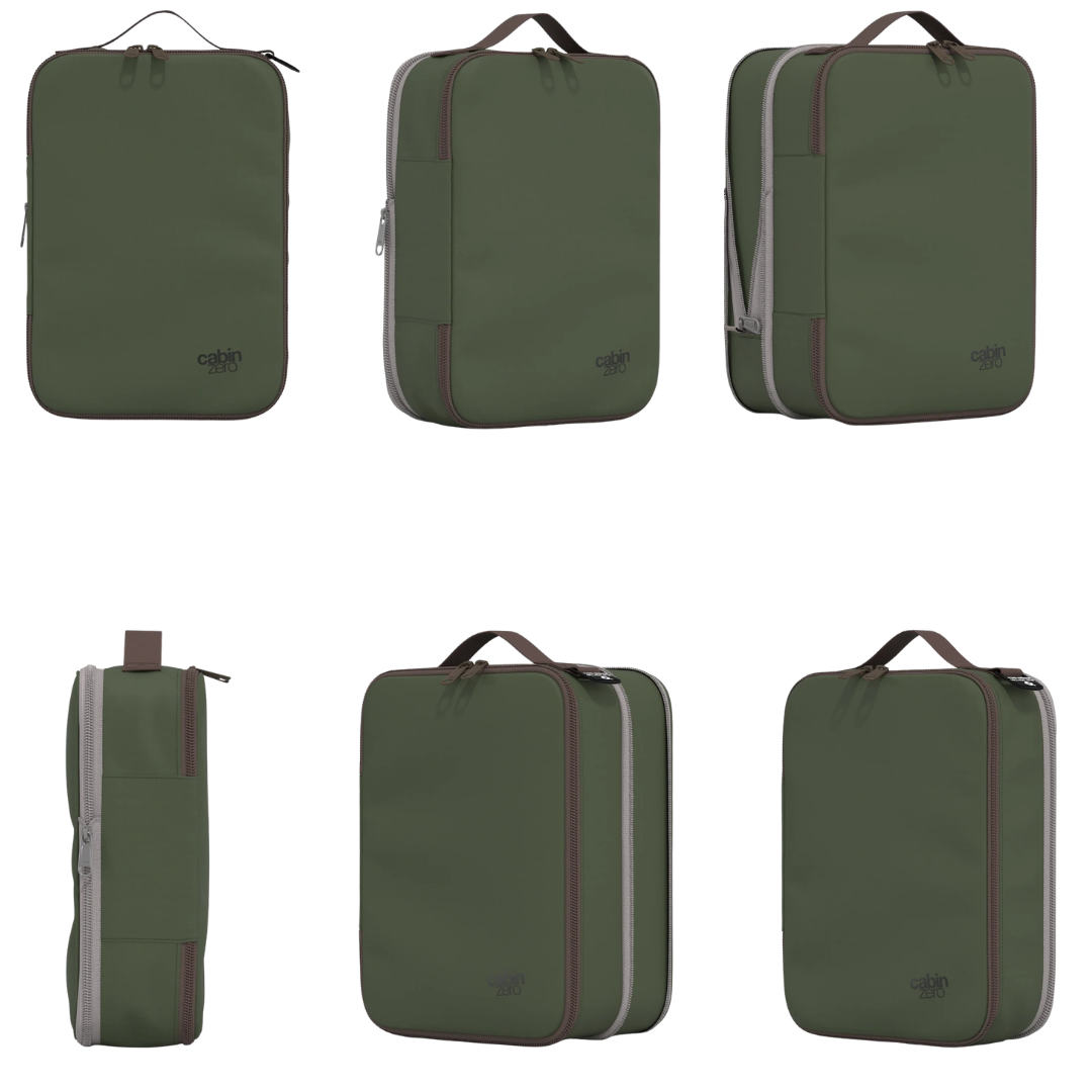 Okoban tracking tag detail on a CabinZero Lux compression travel organizer-Green