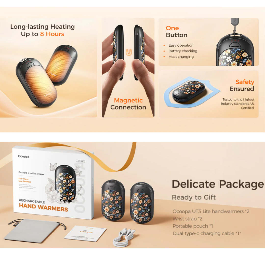 Package contents: UT3 Lite hand warmers, USB-C cable, wrist strap, gift box
