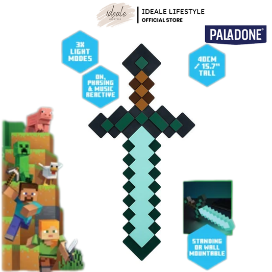 Paladone Minecraft Diamond Sword Light 40cm tall glowing blue in a gaming room.