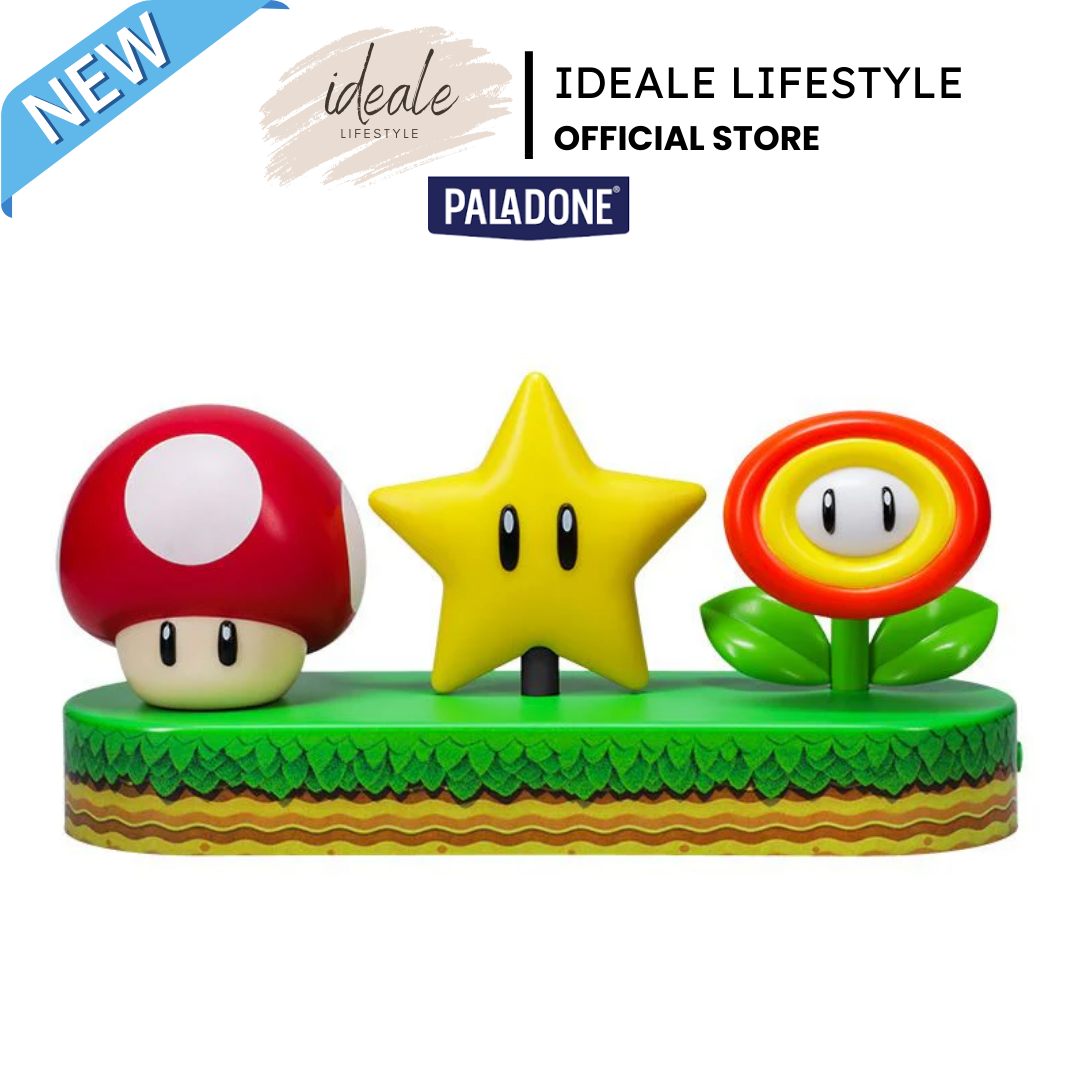 Paladone Super Mario Icons Light with Mushroom Star and Fire Flower glowing.