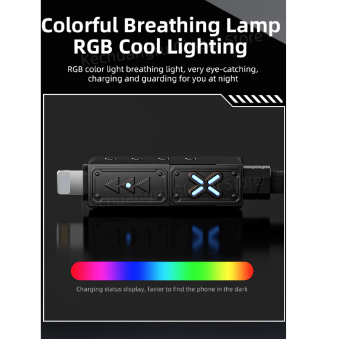 Transformers TF-A12 4-in-1 cable showing the RGB light and interchangeable metal connectors.