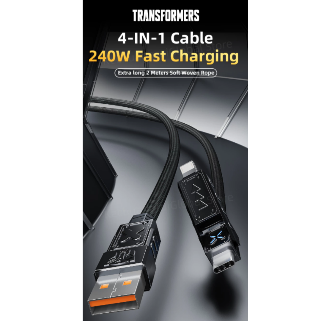 Transformers TF-A12 4-in-1 cable showing the RGB light and interchangeable metal connectors.