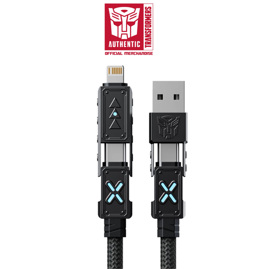 Transformers TF-A12 4-in-1 cable showing the RGB light and interchangeable metal connectors.