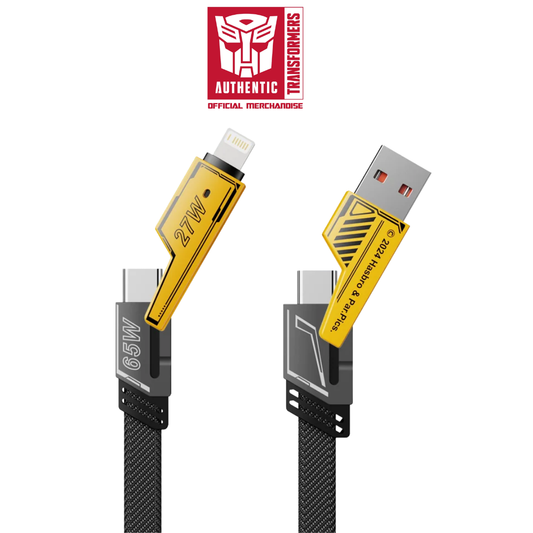 Transformers TF-A15 4-in-1 cable showing the interchangeable USB-A and Type-C connectors