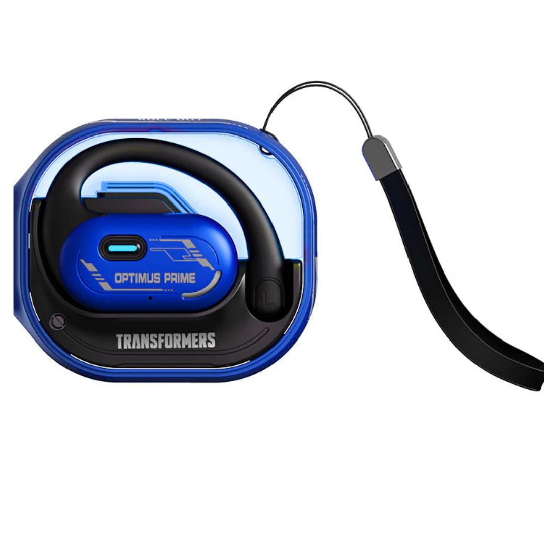 Transformers TF-T15 Open-Ear headphones in mecha-blue/grey showing the ergonomic silicone hook