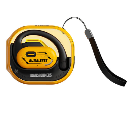 Transformers TF-T15 Open-Ear headphones in mecha-blue/grey showing the ergonomic silicone hook