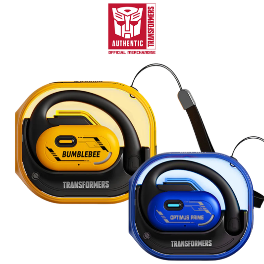 Transformers TF-T15 Open-Ear headphones in mecha-blue/grey showing the ergonomic silicone hook