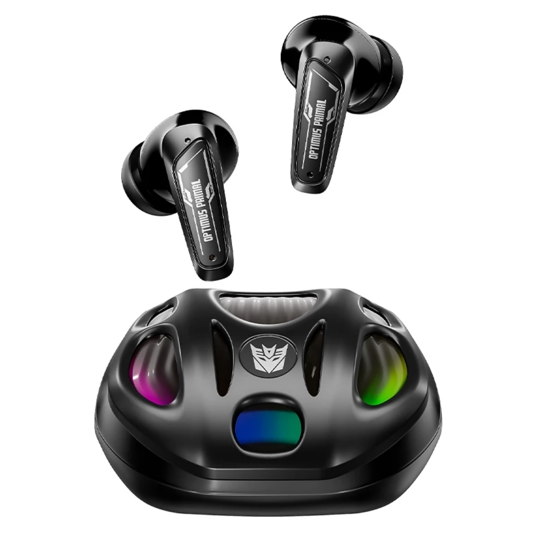 Transformers TF-T35 mecha-designed charging case and earbuds in a futuristic setting-Black