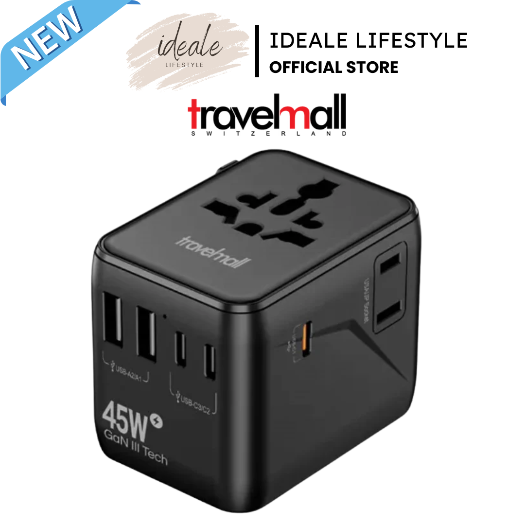 Travelmall Singapore GaN 45W PD universal world travel adaptor black.