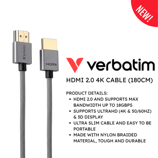 Verbatim 180cm ultra-slim HDMI 2.0 cable showing the premium nylon braided texture and slim connectors