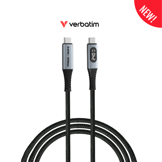 Verbatim 240W USB-C cable with active LED display showing real-time wattage while charging a laptop