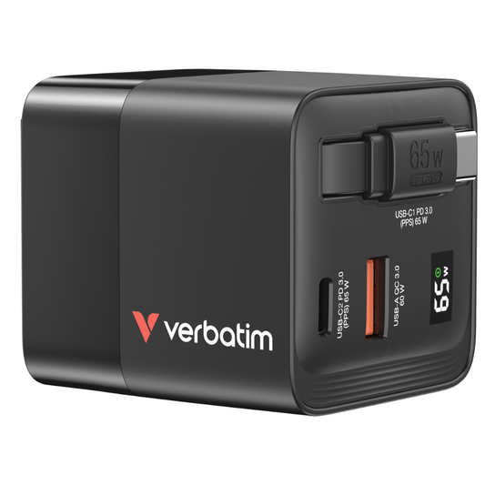 Verbatim 3-port 65W GaN charger showing the retractable USB-C cable extended and the LED display active