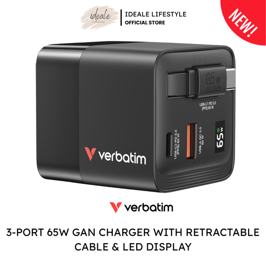 Verbatim 3-port 65W GaN charger showing the retractable USB-C cable extended and the LED display active
