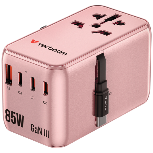 Verbatim CNT-02 travel adapter showing the 75cm retractable USB-C cable and 4 international plugs-Pink