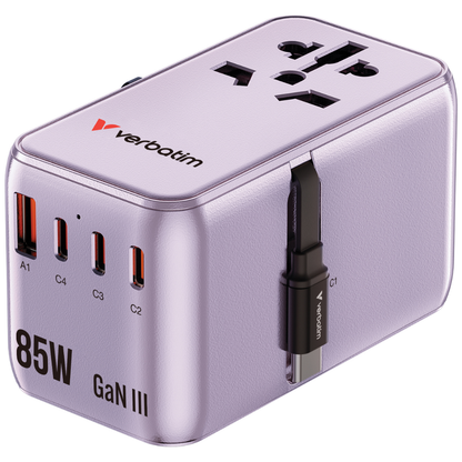 Verbatim CNT-02 travel adapter showing the 75cm retractable USB-C cable and 4 international plugs-Purple