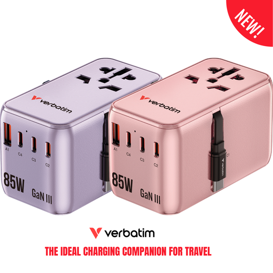 Verbatim CNT-02 travel adapter showing the 75cm retractable USB-C cable and 4 international plugs